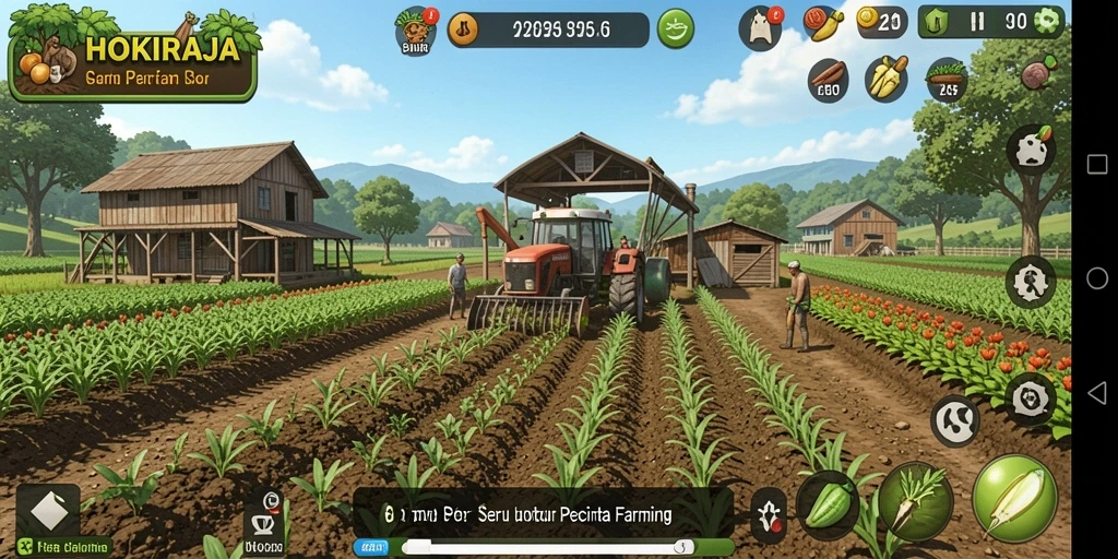 Tangkapan layar gameplay HOKIRAJA dengan aktivitas bertani yang menyenangkan.