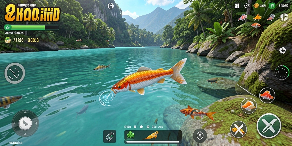 Tampilan gameplay menampilkan pengguna saat memancing ikan di lautan yang indah.