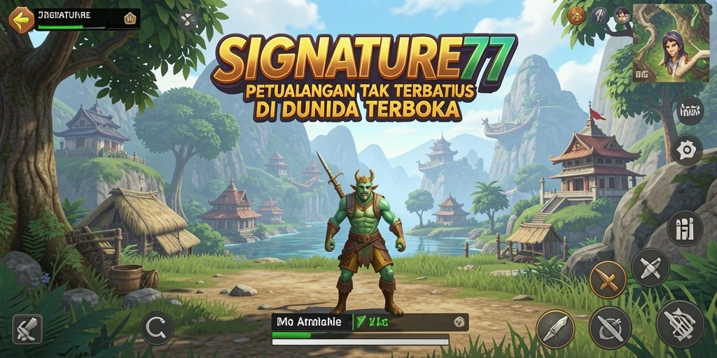 Screenshot gameplay SIGNATURE77 menampilkan petualangan di dunia terbuka yang luas.